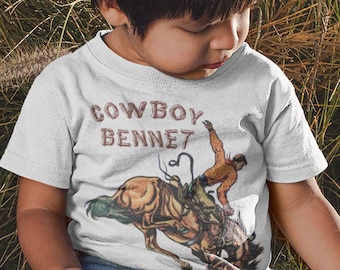 Custom Retro Bucking Bronco Buckaroo Cowboy Shirt with Wood Lettering. Boys Birthday Cowboy Rodeo Shirt. Gift for Boy. Choose Name or Saying