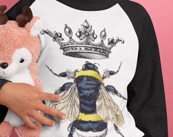 Retro Queen Bee Raglan Shirt. Vintage Crown and Bumble Bee Baseball Raglan Shirt. Great Retro gift for girl. Sleeve color options available.