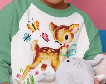 Retro Deer and Butterflies Raglan Shirt. Classic baseball shirt with woodland fawn and butterfly friends.