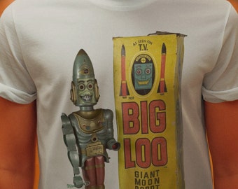 Camiseta de algodón retro, camiseta unisex con el robot Big Loo. Camiseta de ciencia ficción. Regalo para papá. Día del padre. Presente de mediados de siglo. Camiseta con gráficos retro.