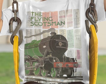 Organic Retro Shirt. Flying Scotsman Steam Engine Train Graphic. Short Sleeve Standard Tee Shirt. Birthday Gift Shirt.