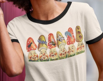 Happy Mushrooms Unisex Cotton Ringer T-Shirt