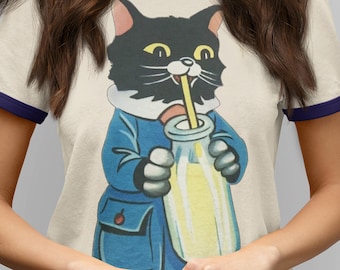 Milk Kitty Unisex Cotton Ringer T-Shirt. Retro Pinup Kitten Shirt. Choose Color.