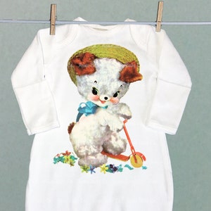 Puppy Dog on Scooter Baby One Piece Gown. Vintage nursery decal design. Shower Gift. Newborn sacque for boy or girl.