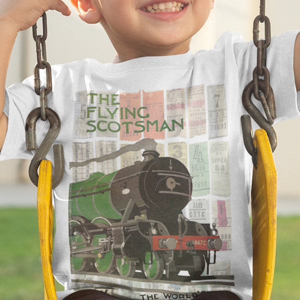 Organic Retro Shirt. Flying Scotsman Steam Engine Train Graphic. Short Sleeve Standard Tee Shirt. Birthday Gift Shirt.