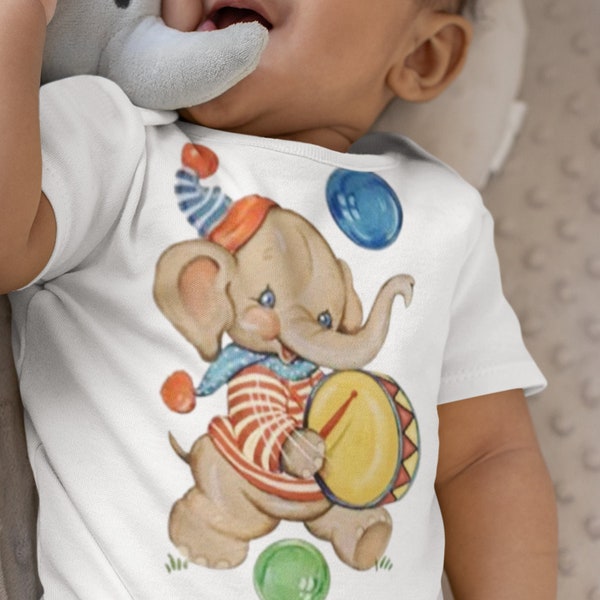 Baby Shower Gift Elephant Organic Bodysuit, Bubbles Shirt, One Piece, Baby Layette, Retro Gift, Retro Baby, Retro Circus, Circus Elephant