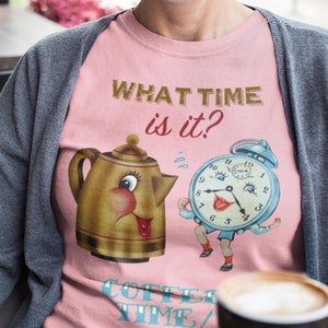 Retro Cotton Tee. Coffee Time Women's Tee. Vintage Clock and Coffee Pot T-Shirt. Vintage Vibes Time Capsule Tshirt. Slim Fit Shirt.