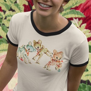 Retro Ringer Tee. Pastel Deer Unisex Cotton Ringer T-Shirt. Vintage Vibe Kitschy Cute Shirt with Pastel Baby Animals.