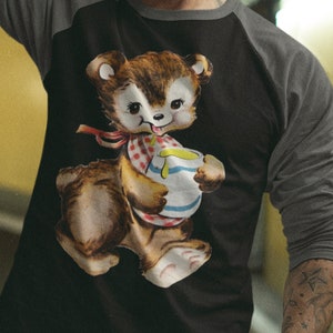 Retro Shirt with Honey Bear. Kitschy Cute Unisex Raglan Tee. Kitsch Nursery Animal. Fun Gift for Him or Her.