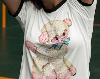 White and Pink Kitsch Lamb Unisex Cotton Ringer T-Shirt. Vintage Vibe Kitschy Cute Shirt.