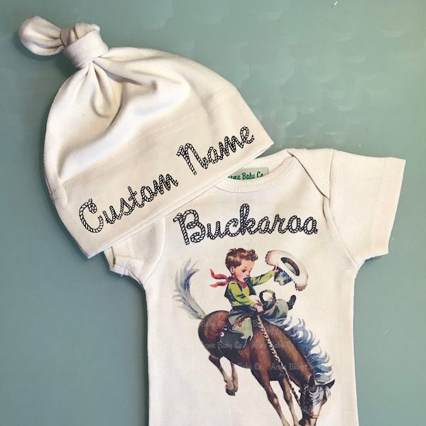 Custom Brand New Buckaroo Coming Home Set. Retro Western One Piece Western Buckaroo Cowboy. Bodysuit and Knot Cap Hat Set. Personalized item