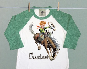 Custom Redhead Buckaroo Cowboy and Horse Shirt, Boy on Bucking Bronco Horse, Western Baseball Shirt with Custom Name. Rodeo Gift.