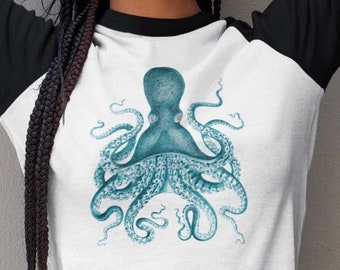 Kraken Shirt. Adult Baseball Raglan Unisex Men's 3/4 Sleeve. Father's Day Men's Women's Shirt. Blue Octopus. Red Eyes. Release the Kraken.