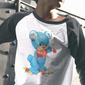 Retro Bear Shirt. Adult Baseball Raglan Blue Kitsch Bear Unisex Men&#39;s Shirt. 3/4 Sleeve. Kitschy Cute Men&#39;s Women&#39;s Shirt. RTS Ships Now