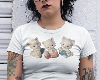 Retro Kitschy Kittens Shirt. Gift for Her. Retro Kitty Cat Women's Shirt. Vintage Kitties. Organic Shirt. Ladies Birthday Present.
