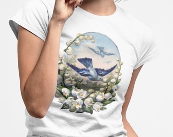 Women's Bluebirds Organic Retro Shirt. Birthday Gift for Her. Vintage Birds and Lily of the Valley Flowers Ladies Fitted Graphic Shirt.