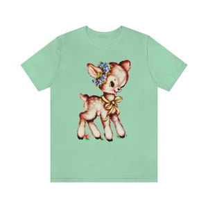 Brown Deer Unisex Tee. Kitschy Cute T-Shirt. Kitsch Brown Fawn Shirt. Mid Century Birthday Gift. Bella Canvas Shirt with Cute Animal. Mint