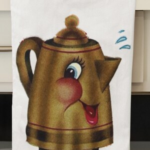 Retro Coffee Kitchen Tea Towel. Flour Sack Towel with Happy Coffee Pot. Kitschy Gag Gift. Best Friend MCM Decor Gift.