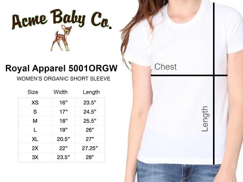 Op de afbeelding: Maattabel voor een dames T-shirt met korte mouwen van biologisch katoen. De tabel toont maten XS tot 3X met de bijbehorende breedte- en lengtematen in inches.
