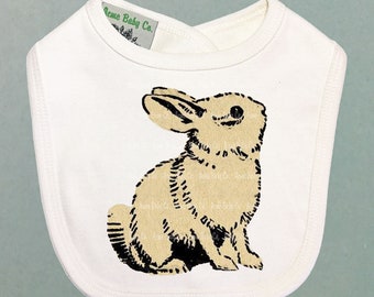 White Rabbit Organic Retro Baby Bib. Infant Gift, Vintage Bunny Bib, Drool Bib. Retro New Baby Shower gift. Natural Baby Shower Gift.