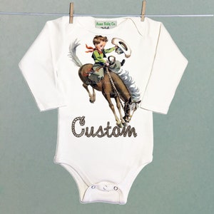 Organic Onesie™ Custom Name Retro Western One Piece Bodysuit with Buckaroo Cowboy on Horse. Cute Southwestern or Western themed baby Onesie™ natural long sleeve