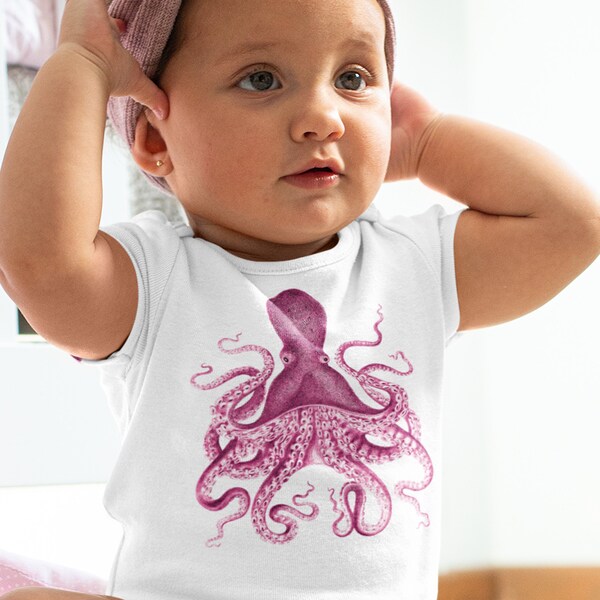 New Baby Retro Onesie™ Pink Octopus One Piece Bodysuit. Maritime Baby Shower Gift for Baby Layette. Sealife Onesie™ with Customization.