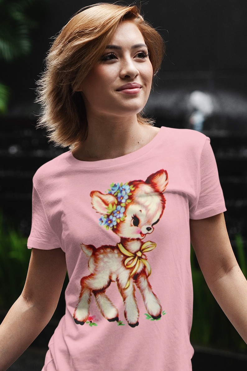 Brown Deer Unisex Tee. Kitschy Cute T-Shirt. Kitsch Brown Fawn Shirt. Mid Century Birthday Gift. Bella Canvas Shirt with Cute Animal. image 1