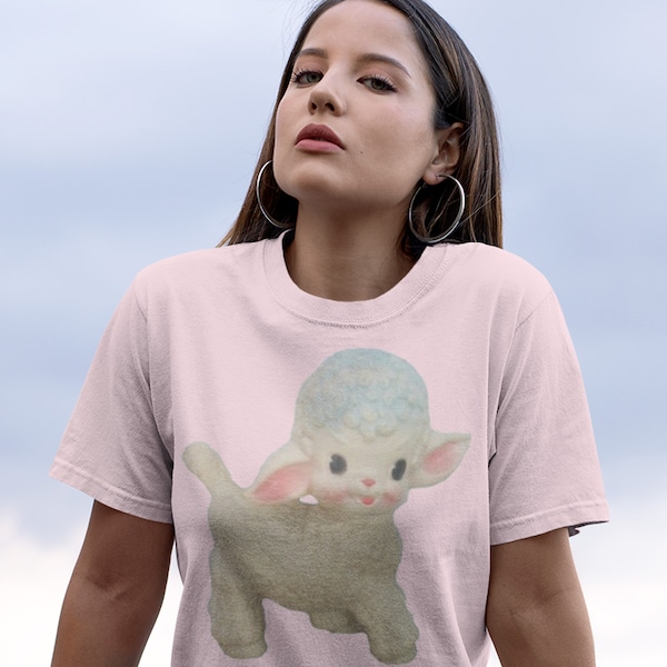 Kitschy Cute Lamb Toy Unisex Tee. Retro Kitsch T-Shirt. Adorable Birthday Gift for Her. Baby Animal Kitsch Shirt.