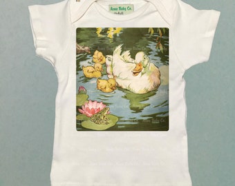 Organic Retro White Ducks Shirt. Baby Duckling T-Shirt. Water Birds and Frog Vintage Graphic. Infant Tee Shower Gift. Baby Present.