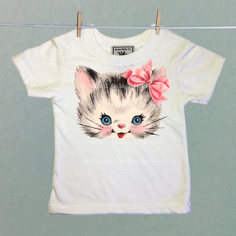 Retro Kitty with Bow Shirt. Kitten with Ribbon. Unisex Organic Tee Shirt. Kitsch Kitty Cat with Purple, Pink or Blue Bow. Kitschy Shirt. image 6