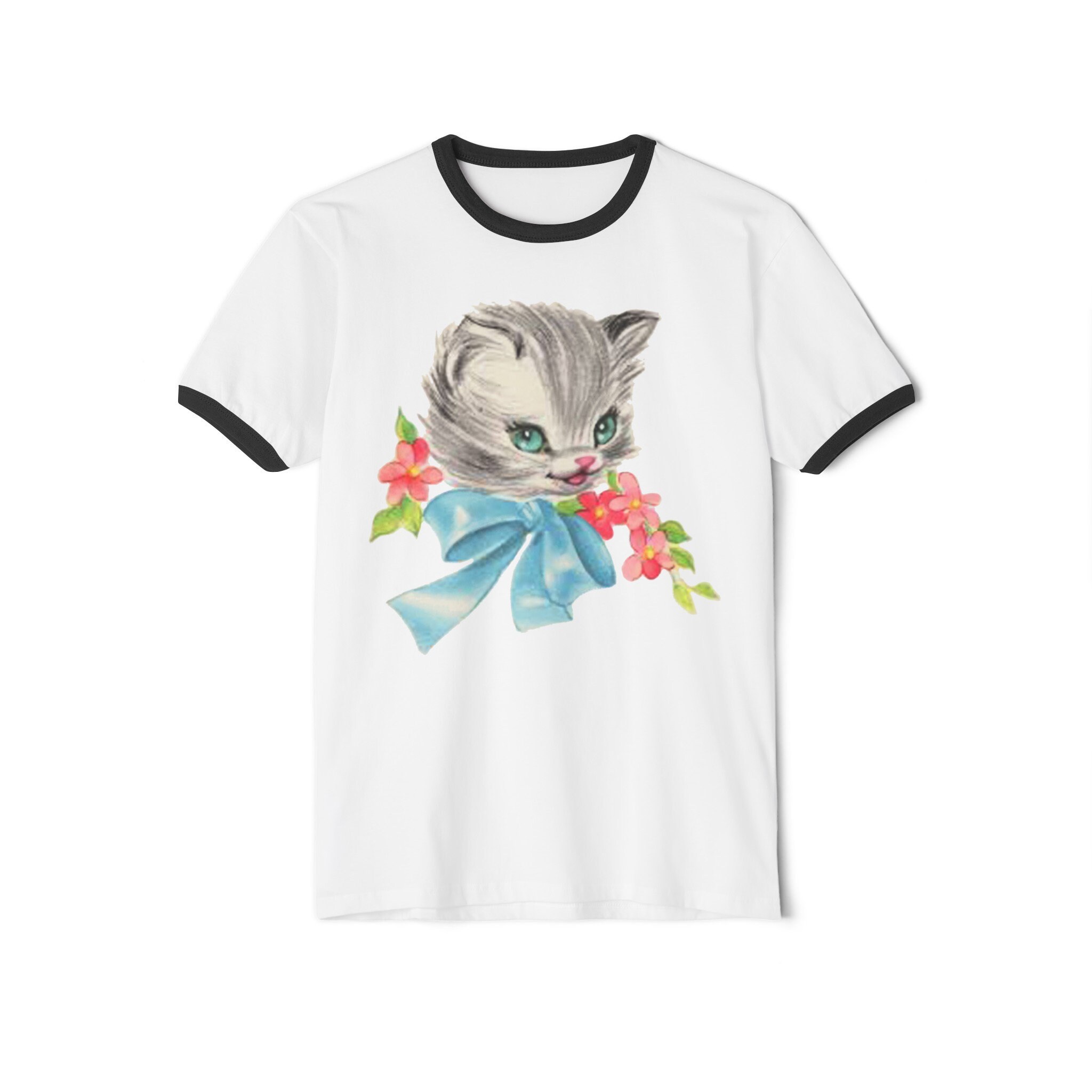【RONRON】24SS RIBBON CATS T SHIRT Gray Kitten Unisex Cotton Ringer T-shirt. Vintage Vibe Retro