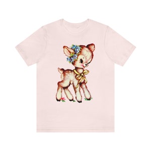 Brown Deer Unisex Tee. Kitschy Cute T-Shirt. Kitsch Brown Fawn Shirt. Mid Century Birthday Gift. Bella Canvas Shirt with Cute Animal. Soft Pink