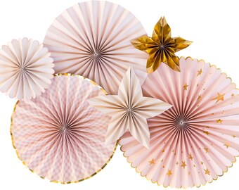 Baby Pink Party Fans. Festive Holiday Gift Decor Idea. My Mind's Eye. Baby Girl Shower Party Theme. Pink and Gold.
