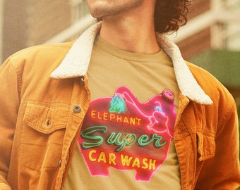 Pink Elephant Car Wash Unisex Tee. Retro T-Shirt. Seattle Icon Shirt. Neon Sign. Unique Birthday Present.