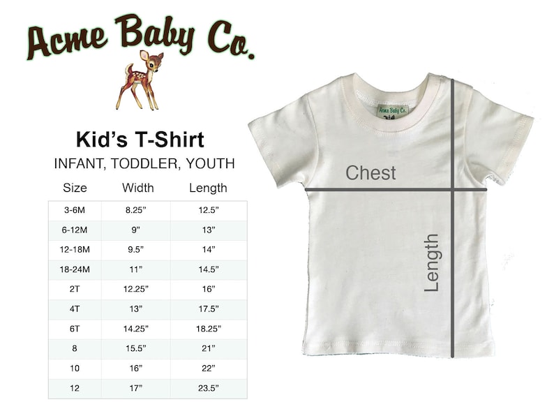 K&ouml;nnte beinhalten: Wei&szlig;es T-Shirt mit einer Gr&ouml;&szlig;entabelle f&uuml;r S&auml;uglinge, Kleinkinder und Jugendliche. Die Tabelle zeigt die Gr&ouml;&szlig;e, die Breite in Zoll und die L&auml;nge in Zoll.