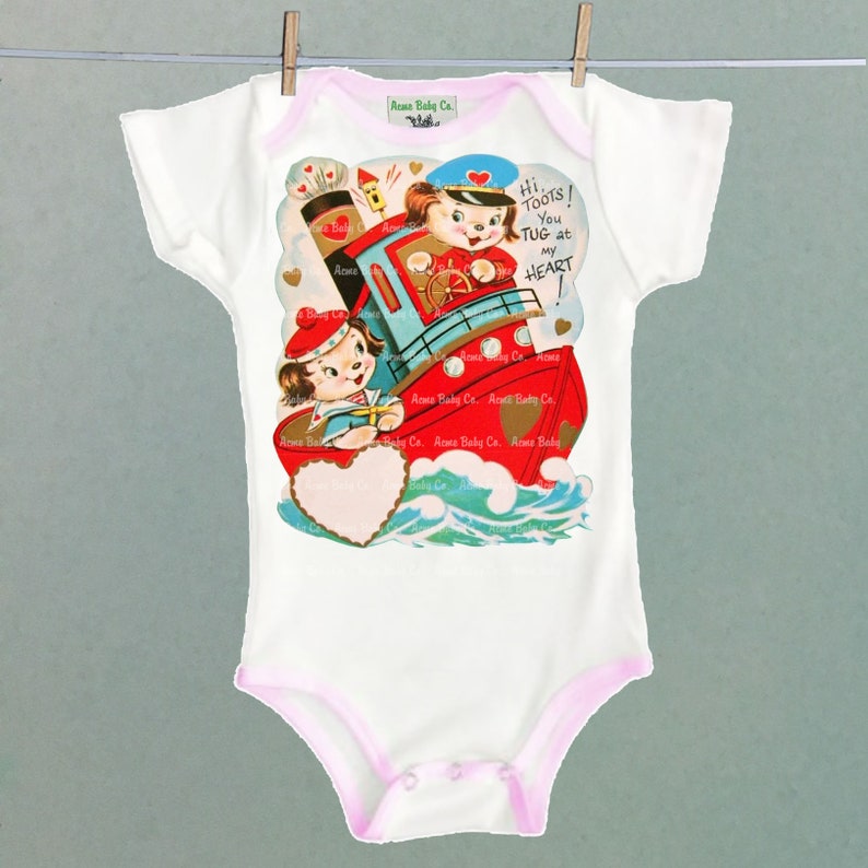 Unique retro layette. Retro Cutie One Piece Puppies Bodysuit with Colored Trim Adorable vintage Puppy Dogs and Tug Boat illustration