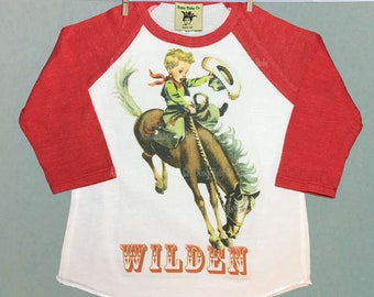 Custom Rodeo Buckaroo Raglan Shirt. Cowboy Shirt with baseball sleeves. Choose Hair, name, age and sleeve color.