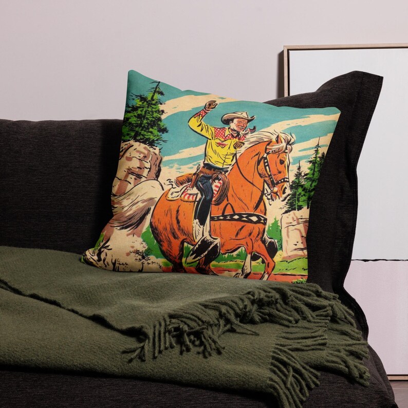 Graphic Cowboy Premium Pillow. Vintage Cowboy on his Trusty Stead Horse. Ranch House Decor. Little Buckaroo Room Decoration.