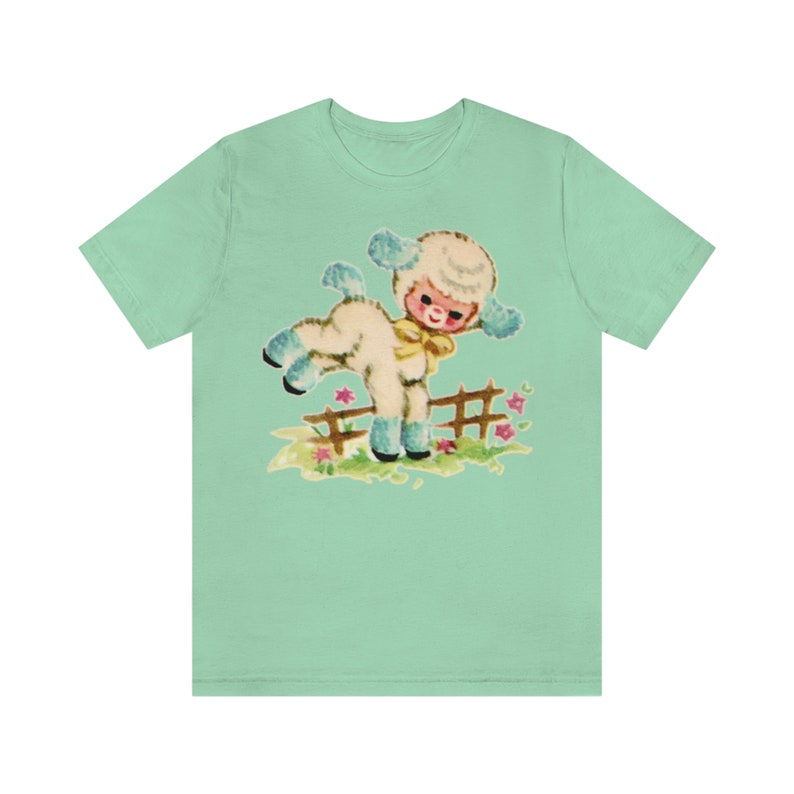 T-shirt unisexe bébé agneau pour chambre d'enfant. Jolie chemise kitsch. Agneau rétro kitsch. Cadeau d'anniversaire pour elle. T-shirt graphique Mid-Century. Mint