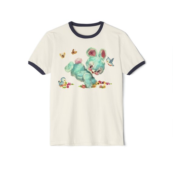 Ringer Tee With Blue Hoppity Bunny. Kitschy Cute Bunny Rabbit