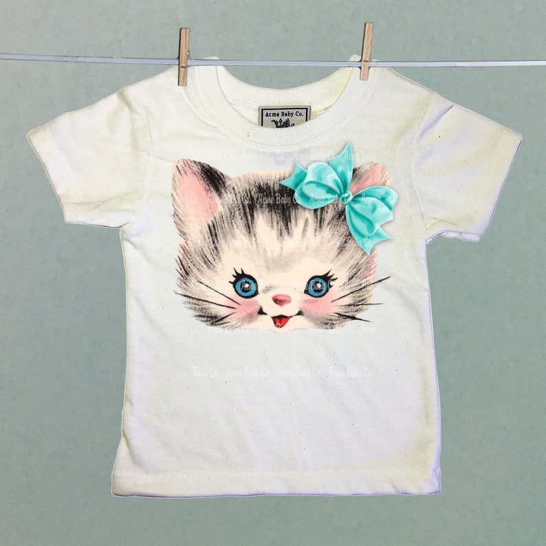 Retro Kitty with Bow Shirt. Kitten with Ribbon. Unisex Organic Tee Shirt. Kitsch Kitty Cat with Purple, Pink or Blue Bow. Kitschy Shirt. image 8