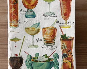 Retro Kitchen Towel. Vintage Tiki Bar Decor Cocktail Tea Towel. Vintage Drinks Floursack Hand Towel with Ingredients.