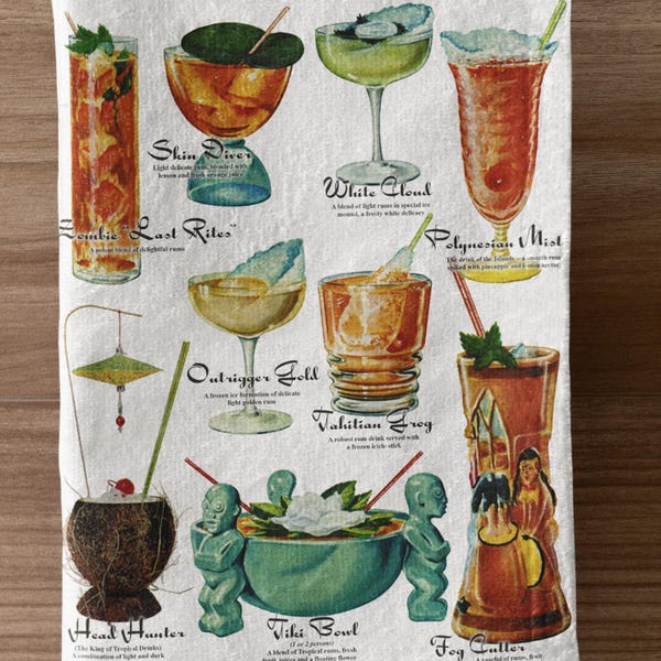 Retro Kitchen Towel. Vintage Tiki Bar Decor Cocktail Tea Towel. Vintage Drinks Floursack Hand Towel with Ingredients.