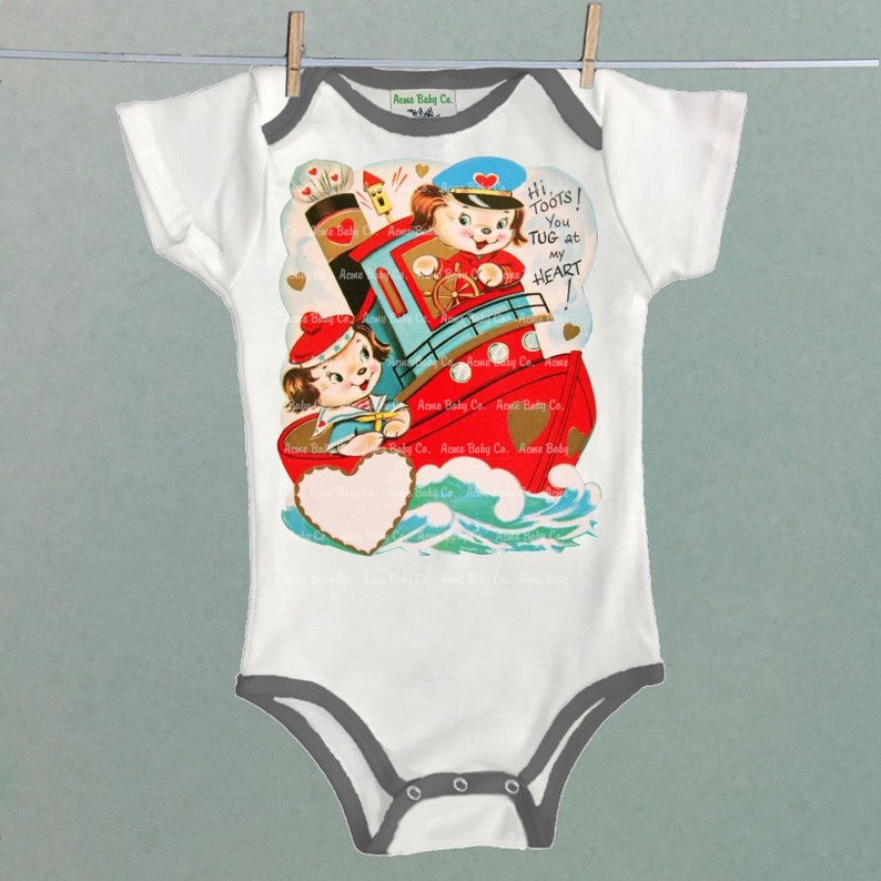 Unique retro layette. Retro Cutie One Piece Puppies Bodysuit with Colored Trim Adorable vintage Puppy Dogs and Tug Boat illustration