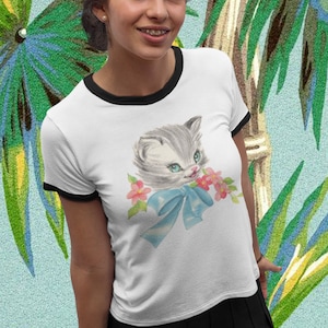 Gray Kitten Unisex Cotton Ringer T-Shirt. Vintage Vibe Retro Kitty Cat Shirt.