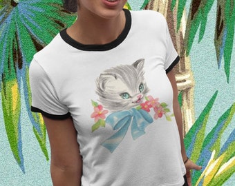 Gray Kitten Unisex Cotton Ringer T-Shirt. Vintage Vibe Retro Kitty Cat Shirt.