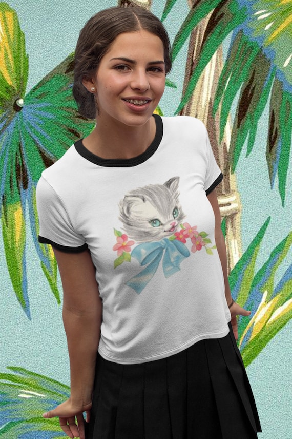 ★2025SS新作★RONRON★PETIT CAT RINGER T SHIRT Gray Kitten Unisex Cotton Ringer T-shirt. Vintage Vibe Retro