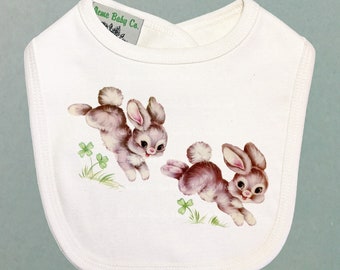 Retro Baby Gift. Clover Bunnies Bib. Organic Baby Shower. Bunny Rabbit. Vintage Vibe Shower Present. Natural Comfort Colors.
