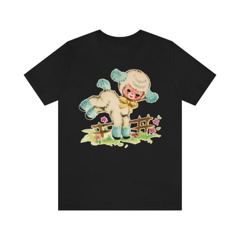 T-shirt unisexe bébé agneau pour chambre d'enfant. Jolie chemise kitsch. Agneau rétro kitsch. Cadeau d'anniversaire pour elle. T-shirt graphique Mid-Century. Black
