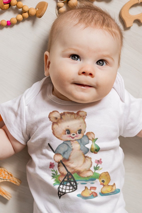Organic Fishing Bear Baby Shirt, Cute Bear, Vintage Animal Top, Infant Shirt,  Shower Gift, Baby Layette, Baby Gift, Retro Shower -  New Zealand